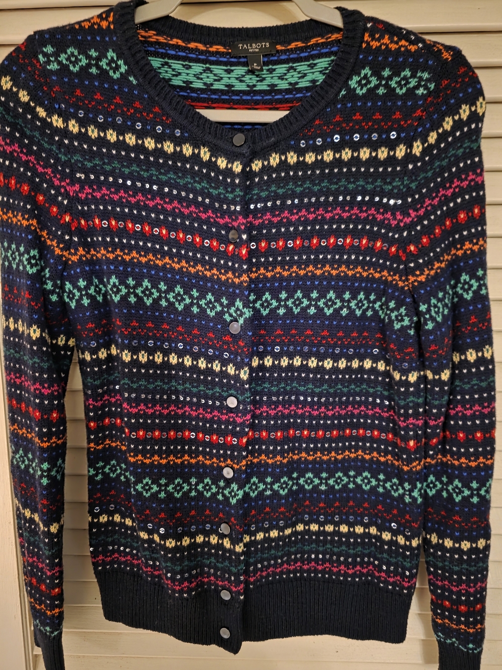 Talbots Navy Multicolor Fair Isle Button-Front Cardigan Medium
